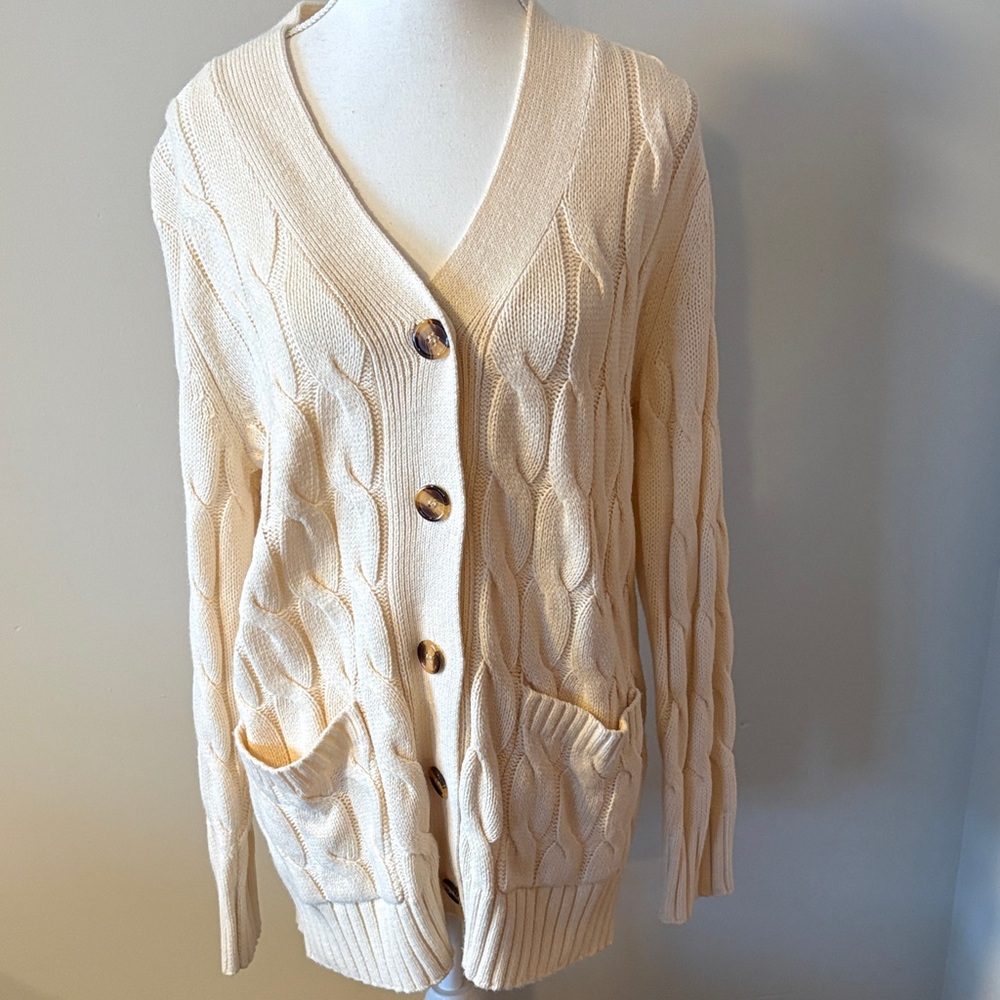Pretty Garden Cream Cable Knit Cardigan Long Button Up Sweater. Size Medium
